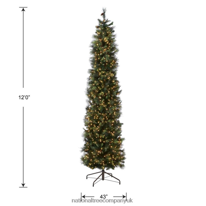 Trees | National Tree Company Pre-Lit Artificial Giant Slim Christmas Tree Green Carolina Pine White Lights Flocked with Pine Cones Includes Stand 12 feet F2L4F43